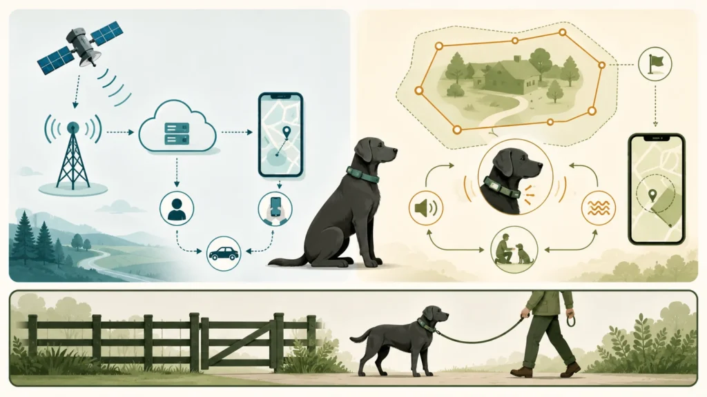 Conceptual diagram contrasting a cellular GPS tracker, a GPS virtual-fence boundary, and a separate physical or supervised dog-safety layer
