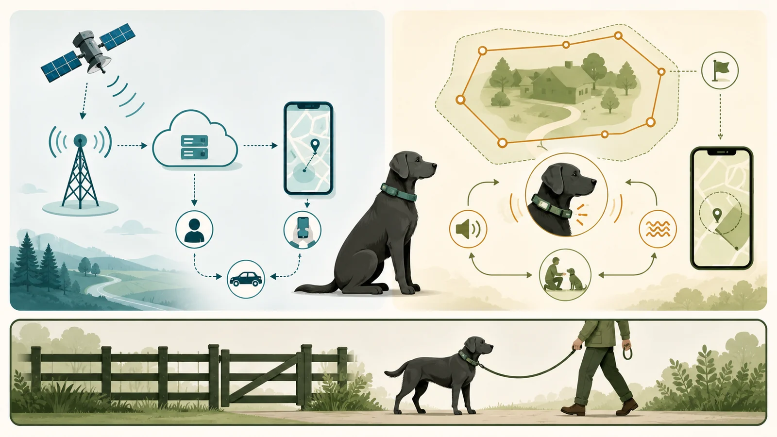 Conceptual diagram contrasting a cellular GPS tracker, a GPS virtual-fence boundary, and a separate physical or supervised dog-safety layer