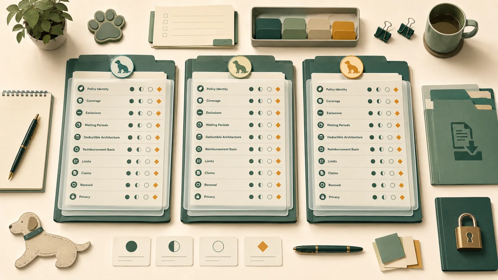 Illustrated pet insurance comparison worksheet with document fields and dog icons.
