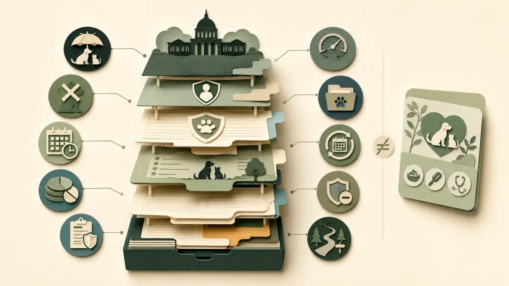Conceptual illustration of pet insurance policy layers, exclusions, timing, records and wellness separation