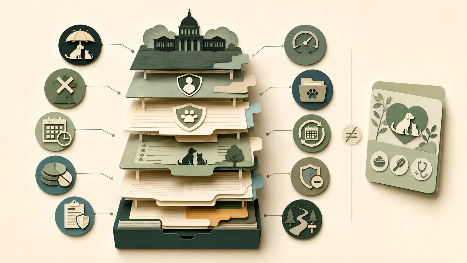 Conceptual illustration of pet insurance policy layers, exclusions, timing, records and wellness separation