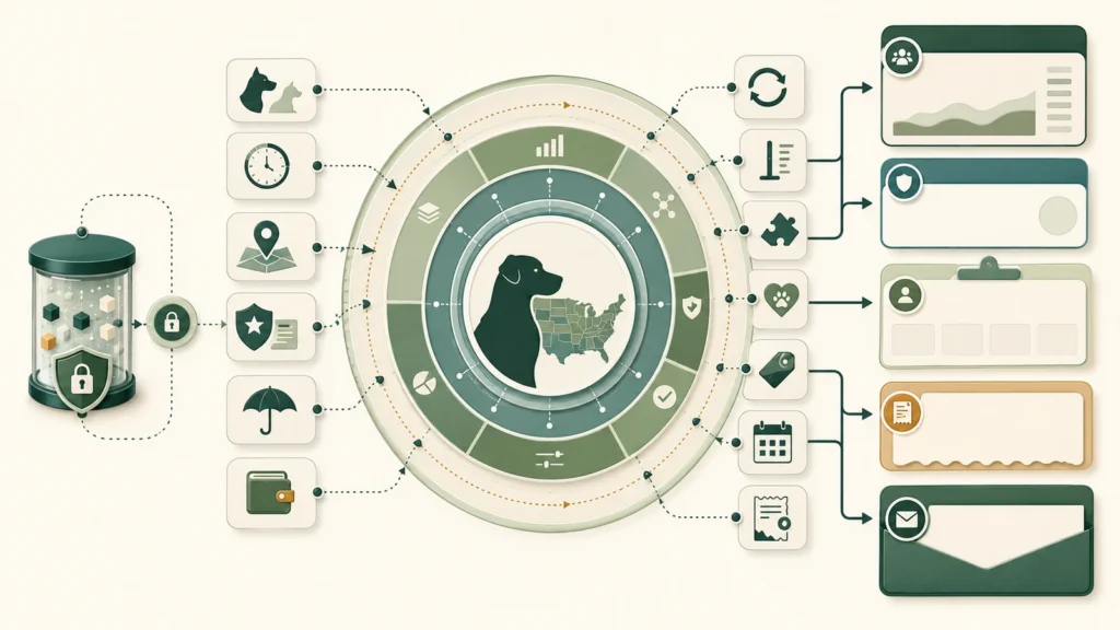 Conceptual illustration of pet insurance pricing inputs, records, locations, fees and privacy controls