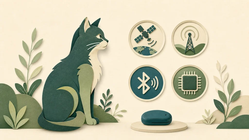 Presentation-only illustration of a cat beside generic satellite, radio, Bluetooth and microchip symbols.