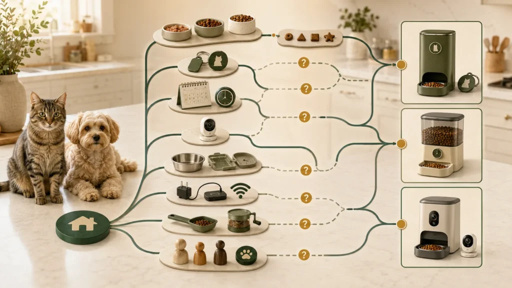 Editorial decision map connecting pets, food types, access, schedules, camera monitoring, cleaning, power, connectivity, backup planning, and generic feeder architectures