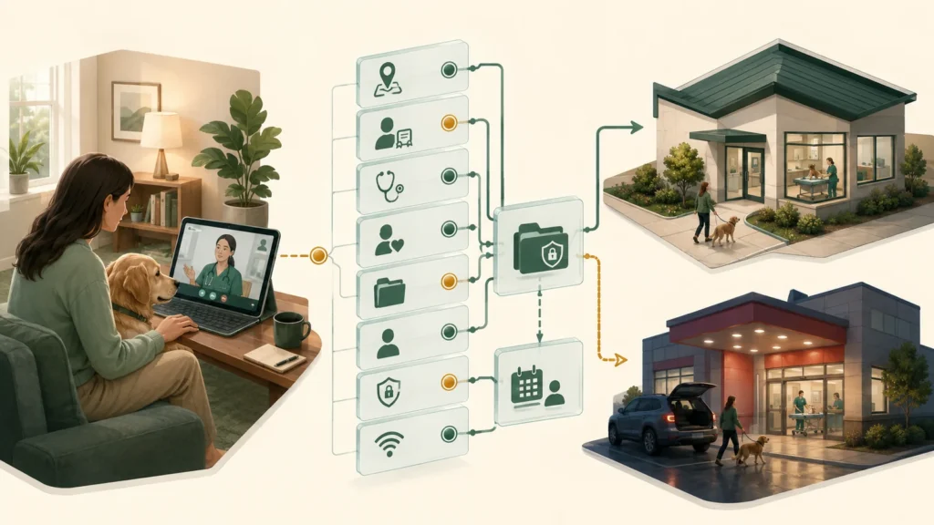Conceptual illustration of a remote veterinary video visit, records and local in-person care paths