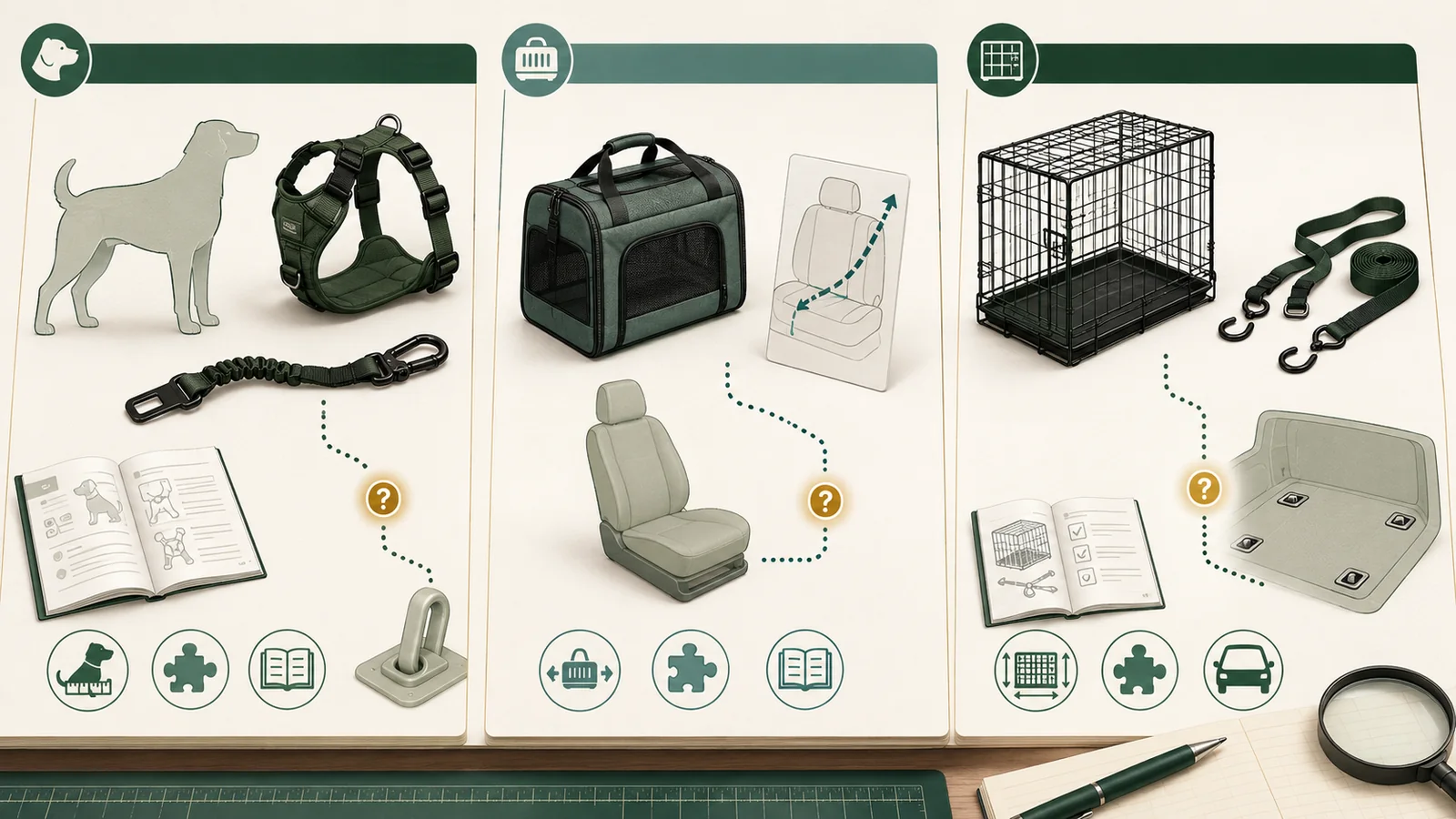 Editorial illustration comparing a dog harness, secured carrier, and crate with their vehicle connection paths